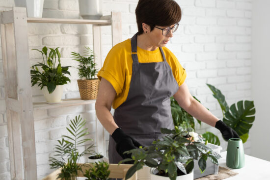 femme entretien plantes d'intérieur